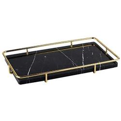 PuTwo Decorative Tray Black Marble Tray with Polished Gold Metal Handles Jewelry Tray Handmade Catchall Vanity Tray for Dresser Bathroom Vanity Table Bar Ideal Gift for Birthday Christmas - Black