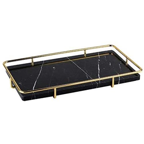 PuTwo Decorative Tray Black Marble Tray with Polished Gold Metal Handles Jewelry Tray Handmade Catchall Vanity Tray for Dresser Bathroom Vanity Table Bar Ideal Gift for Birthday Christmas - Black