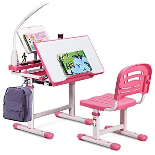 Baby Joy Kids Desk and Chair Set, Height Adjustable Child Desk Set w/LED Lamp, Bookstand, Tilt Desktop, Metal Hook, Pull Out Drawer Storage, School Student Study Desk Chair for Boys & Girls (Pink)