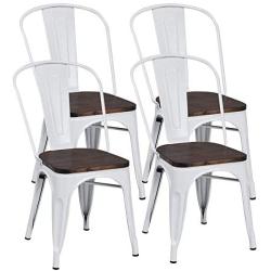 COSTWAY Tolix Style Dining Chairs Industrial Metal Stackable Cafe Side Chair w/Wood Seat Set of 4 (White and Brown)