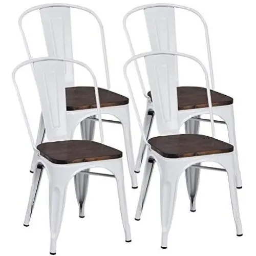 COSTWAY Tolix Style Dining Chairs Industrial Metal Stackable Cafe Side Chair w/Wood Seat Set of 4 (White and Brown)