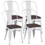 COSTWAY Tolix Style Dining Chairs Industrial Metal Stackable Cafe Side Chair w/Wood Seat Set of 4 (White and Brown)