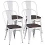 COSTWAY Tolix Style Dining Chairs Industrial Metal Stackable Cafe Side Chair w/Wood Seat Set of 4 (White and Brown)