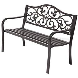 Laurel Canyon 50'' Outdoor Patio Bench, Cast Iron 2-Person Metal Seating with Floral Design Backrest Furniture Chair for Porch Backyard Garden Pool Deck, Dark Brown