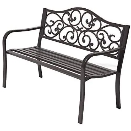 Laurel Canyon 50'' Outdoor Patio Bench, Cast Iron 2-Person Metal Seating with Floral Design Backrest Furniture Chair for Porch Backyard Garden Pool Deck, Dark Brown Laurel Canyon 50'' Outdoor Patio Bench, Cast Iron 2-Person Metal Seating with Floral Design Backrest Furniture Chair for Porch Backyard Garden Pool Deck, Dark Brown