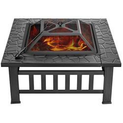 VIVOHOME 32 Inch Heavy Duty 3 in 1 Metal Square Patio Firepit Table BBQ Garden Stove with Spark Screen Cover Log Grate and Poker for Outside Wood Burning and Drink Cooling