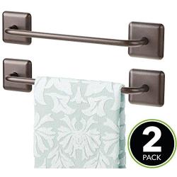 mDesign Metal Bathroom Storage Towel Bar with Strong Self Adhesive - Holder Rack for Hanging Washcloths, Hand, Face Towels in Main or Guest Powder Rooms - 2 Pack - Bronze