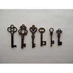 Salome Idea Skeleton Key Charm Set in Antique Bronze (48 Charms) 6 Different Styles - Vintage Style Key Charms (Bronze Color)