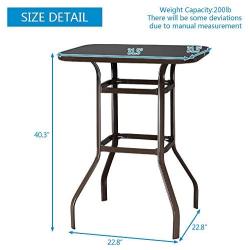 VINGLI Outdoor Bar Table Bistro Table Metal Frame Patio Bar Table, Tempered Glass Table Top All Weather Outdoor Bar Height (Brown)