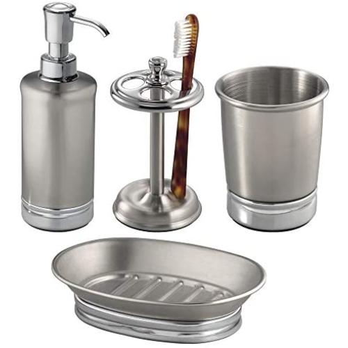 mDesign Metal Bathroom Vanity Countertop Accessory Set - Includes Refillable Soap Dispenser, Divided Toothbrush Stand, Tumbler Rinsing Cup, Soap Dish - 4 Pieces - Brushed Stainless Steel