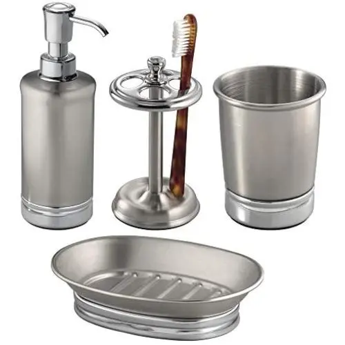 mDesign Metal Bathroom Vanity Countertop Accessory Set - Includes Refillable Soap Dispenser, Divided Toothbrush Stand, Tumbler Rinsing Cup, Soap Dish - 4 Pieces - Brushed Stainless Steel mDesign Metal Bathroom Vanity Countertop Accessory Set - Includes Refillable Soap Dispenser, Divided Toothbrush Stand, Tumbler Rinsing Cup, Soap Dish - 4 Pieces - Brushed Stainless Steel