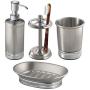 mDesign Metal Bathroom Vanity Countertop Accessory Set - Includes Refillable Soap Dispenser, Divided Toothbrush Stand, Tumbler Rinsing Cup, Soap Dish - 4 Pieces - Brushed Stainless Steel