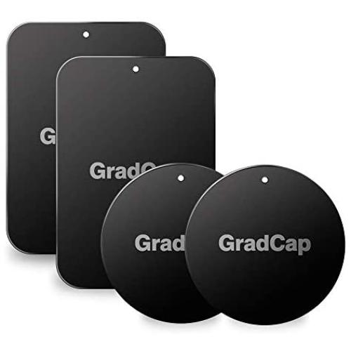 GradCap Metal Plate for Magnetic Mount Universal Replacement Plate Metal Disc with Strong Adhesive for Car Mounts 2 Rectangle and 2 Round (All Black/with Logo)