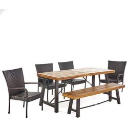 Christopher Knight Home Salla Outdoor Acacia Wood Dining Set with Wicker Stacking Chairs, 6-Pcs Set, Teak Finish / Rustic Metal / Multibrown