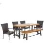 Christopher Knight Home Salla Outdoor Acacia Wood Dining Set with Wicker Stacking Chairs, 6-Pcs Set, Teak Finish / Rustic Metal / Multibrown