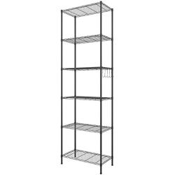 Homdox 6-Tier Storage Shelf Wire Shelving Unit Free Standing Rack Organization Adjustable Leveling Feet, Stainless Side Hooks, Black