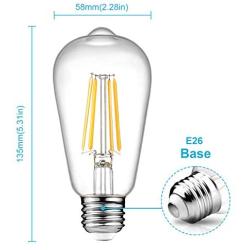 Ascher Vintage LED Edison Bulbs 6W, Equivalent 60W Incandescent, Warm White 2700K, ST58 Antique LED Filament Bulbs, E26 Medium Base, Non-Dimmable, Clear Glass, 6-Packs