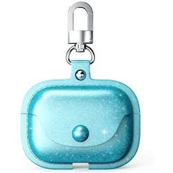 WENEW Leather Case for Airpods Pro 2019, Glitter Bling Sequin Sparkle Cute PU Case Shockproof Protective Pouch Skin Slim Metal Clasp Keychain Carabiner (Blue Glitter)