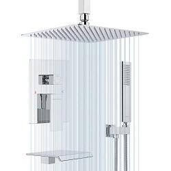 EMBATHER Shower System with Waterfall Tub Spout- Ceiling Shower Tub Faucet Set with 12 Inches Rain Showerhead and Handheld, Polished Chrome (Valve Included)