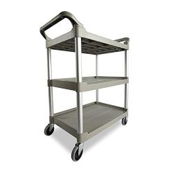 Rubbermaid Commercial Products Heavy Duty 3-Shelf Rolling Service/Utility/Push Cart, 200 lbs. Capacity, Platinum, for Foodservice/Restaurant/Cleaning (FG342488PLAT),White