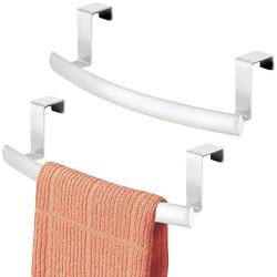 mDesign Modern Metal Kitchen Storage Over Cabinet Curved Towel Bar Rack - Hang on Inside or Outside of Doors, Organize and Hang Hand, Dish, and Tea Towels - Also for Bars - 9.7'' Wide, 2 Pack - White