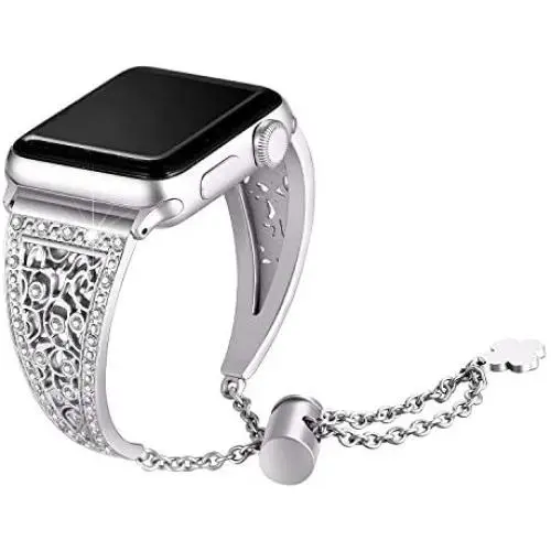 Secbolt Bling Metal Bands Compatible with Apple Watch Band 38mm 40mm iwatch SE Series 6/5/4/3/2/1, Dressy Jewelry Diamond Cuff Bracelet Bangle Wristband Women, Silver