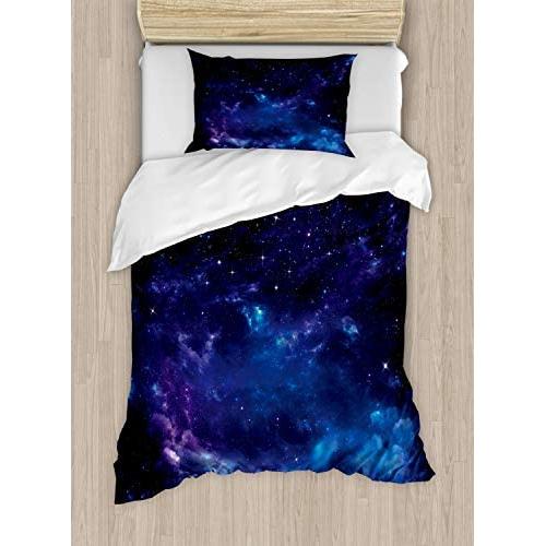 Ambesonne Sky Duvet Cover Set, Space Night Time Universe Stars and Nebulas Distant Parts of Galaxy, Decorative 2 Piece Bedding Set with 1 Pillow Sham, Twin Size, Purple Charcoal