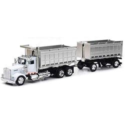 Kenworth W900 Double Dump Truck with Trailer in Red and Chrome, cab is die-cast Metal, Balance is high Impact Plastic