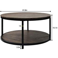 NSdirect 36 inches Round Coffee Table, Rustic Wooden Surface Top & Sturdy Metal Legs Industrial Sofa Table for Living Room Modern Design Home Furniture with Storage Open Shelf (Light Walunt)