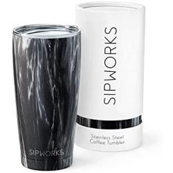 Sipworks Stainless Steel Coffee Tumbler: Double-Wall Vacuum Insulated Spill-proof Travel Mug Metal Coffee Cup with Lid, 20-Ounce Gray Marble