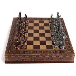 Medieval British Army Antique Copper Metal Chess Set for Adults,Handmade Pieces and Natural Solid Wooden Chess Board with Storage Inside King 3.35inc