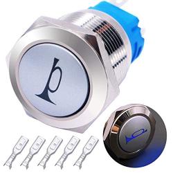 mxuteuk 19mm Horn Button Switch Car Motorcycle Boat Speaker Momentary Push Button Switch Metal Toggle Switch On/Off with Cold Pressed Terminal Connector, 12v Blue LED Light P19LB-BU-5DZ