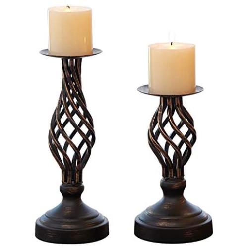 ZZKOKO Decorative Candle Holder Set of 2, Metal Pillar Romantic Candlesticks, Home Decor Candle Stand, 11.1'', 8.1'' High Candle Holders for Fireplace, Living or Dining Room Table, Gifts for Wedding