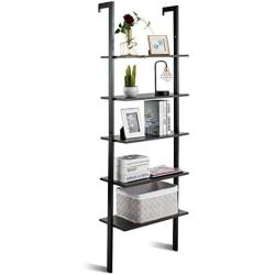 Tangkula 5-Tier Ladder Shelf Against The Wall, Industrial Bookcase, Display Storage Rack, Plant Flower Stand, Wood Look Bookshelf with Metal Frame, Ideal for Home Office (Dark-Brown)