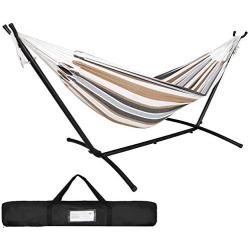 SUPER DEAL Portable 2-Person Brazilian Hammock with 9FT Metal Stand - Weather Resistant Double Hammock and Stand - Carrying Case Included, 450LBS Capacity, 6 Optional Hook Positions