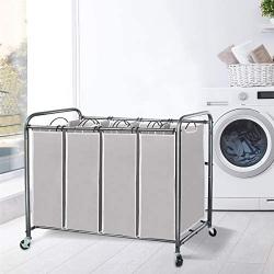 STORAGE MANIAC 4 Section Laundry Sorter, 4 Bag Laundry Hamper Cart with Heavy Duty Rolling Lockable Wheels and Removable Bags, Gray