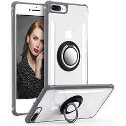 iPhone 7 Plus Case, Daupin Clear iPhone 8 Plus Case with 360 Rotatable Ring Kickstand Magnetic Metal Car Mount Hard PC Shockproof Protective Soft TPU Bumper Phone Case for iPhone 7/8 Plus (Gray)