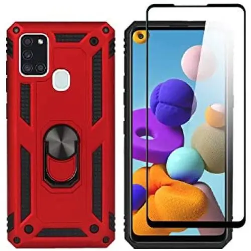 SWP for Samsung Galaxy A21S Case, Dual Layer Shock-Absorption Armor Cover,Full-Body Protective Case with Metal Ring Holder Kickstand for A21S (red)