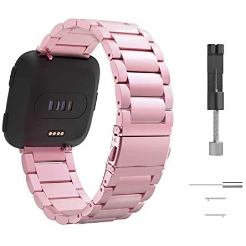 MoKo Band Compatible with Fitbit Versa/Versa 2/Versa lite Edition/Versa Special Edition, Stainless Steel Metal Watch Band Replacement Strap Bracelet - Rose Pink