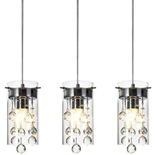 Loclgpm Modern Crystal Pendant Light, 3 Pack Metal Ceiling Lamp, Chrome Finish Chandelier Fixture with Clear Glass Shade Hanging for Kitchen Island, Living Room, Dining Room, Restaurant, Indoor