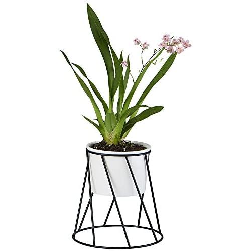 Planter Pot Indoor, Flowerplus 4.33 Inch White Ceramic Medium Succulent Cactus Flower Plant Round Bowl with Metal Stand Holder and Plants Sign for Indoors Outdoor Home Garden Kitchen Decor (Black)