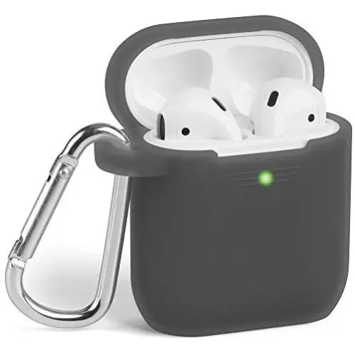 AirPods Case, GMYLE Silicone Protective Shockproof Wireless Charging Airpods Earbuds Case Cover Skin with Keychain Set Compatible for Apple AirPods 2 & 1 – Transparent Black [Front LED Visible]