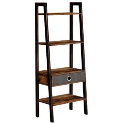 Rolanstar Ladder Shelf with Drawer, Rustic Ladder Bookshelf, 4-Tier Utility Organizer Shelves, Stable Metal Frame, for Living Room, Office Room, Rustic Brown