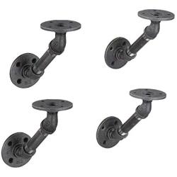 Rustic Industrial Angle Shelf Brackets - 4 Inch Pipe Double Flange Bracket Set of Four, Iron Metal Grey Black Fittings, Custom DIY Floating Shelves, Wall Mounted Vintage Furniture Decorations, 4 Pack
