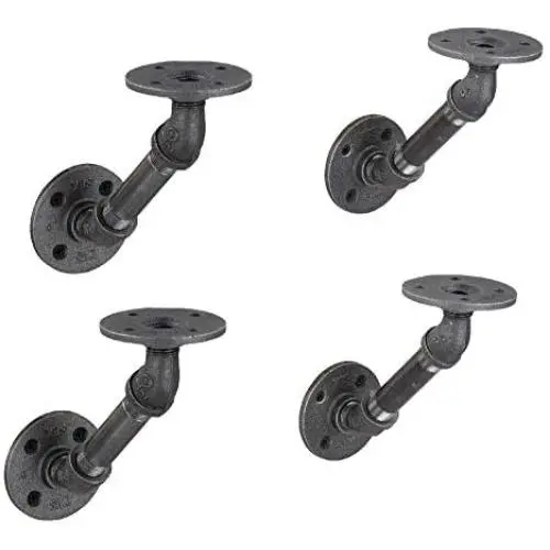 Rustic Industrial Angle Shelf Brackets - 4 Inch Pipe Double Flange Bracket Set of Four, Iron Metal Grey Black Fittings, Custom DIY Floating Shelves, Wall Mounted Vintage Furniture Decorations, 4 Pack Rustic Industrial Angle Shelf Brackets - 4 Inch Pipe Double Flange Bracket Set of Four, Iron Metal Grey Black Fittings, Custom DIY Floating Shelves, Wall Mounted Vintage Furniture Decorations, 4 Pack