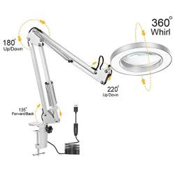 LED Magnifier Desk Lamp, 5X Magnifying Glass with Light, 3 Modes 10 Dimming, Foldable Metal Arms and Adjustable Clamp Base for Close Work Hobby Repairing Reading Crafts