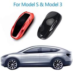 AziPro Tesla Model S Key Fob Cover, Alumium Hard Keyless Remote Flip Key Protection Case Cover Key Chain Men Women (Model S & Model 3，Red)