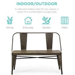 Best Choice Products 42in Indoor Outdoor Industrial Metal Rustic Farmhouse Dining Bench for Patio, Entryway, Garden, Backyard w/Wooden Seat, Removable Backrest, Non-Marring Foot Caps - Espresso