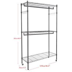 Kemanner Heavy Duty Rolling Garment Rack 3-Tiers Wire Shelving W/ Double Rods & Lockable Wheels & 1 Pair Side Hooks - Hold Up to 400Lbs (Gray, 2Rod 2Hook)