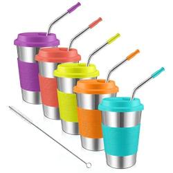 Stainless Steel Cups, Kereda Sippy Cup For Kids/Adults 16oz With Silicone Sleeves, Lids And Straws, Bpa Free Premium Metal Drinking Glasses (Pack Of 5)